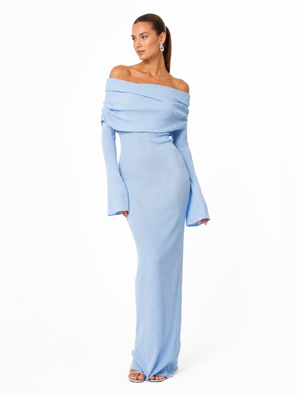 SER.O.YA Galleria Rib Knit Maxi Dress L Powder Blue Off Shoulder Bell Sleeve NWT